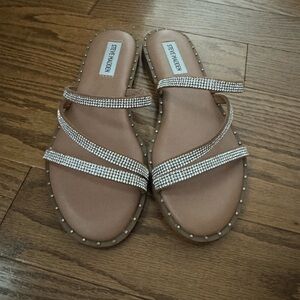 Steve Madden Tan Silver Sandals with Rhinestone Embellishments